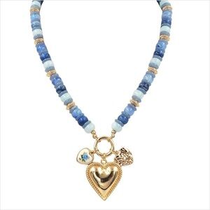 Gold and Blue Bead Heart Charm Necklace